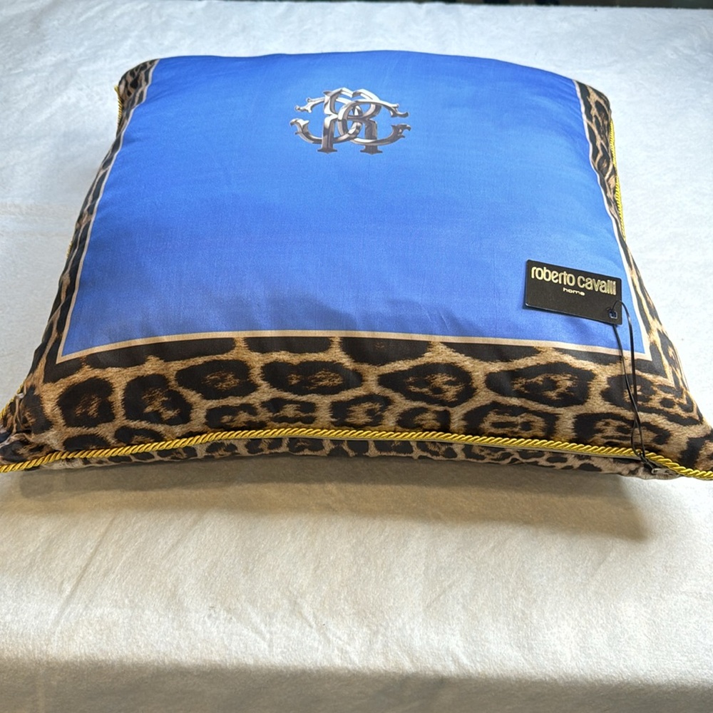 ROBERTO CAVALLI NWT NEW TAG XLARGE BLUE GOLD BLACK LEOPARD ACCENT THROW PILLOW - Picture 5 of 15